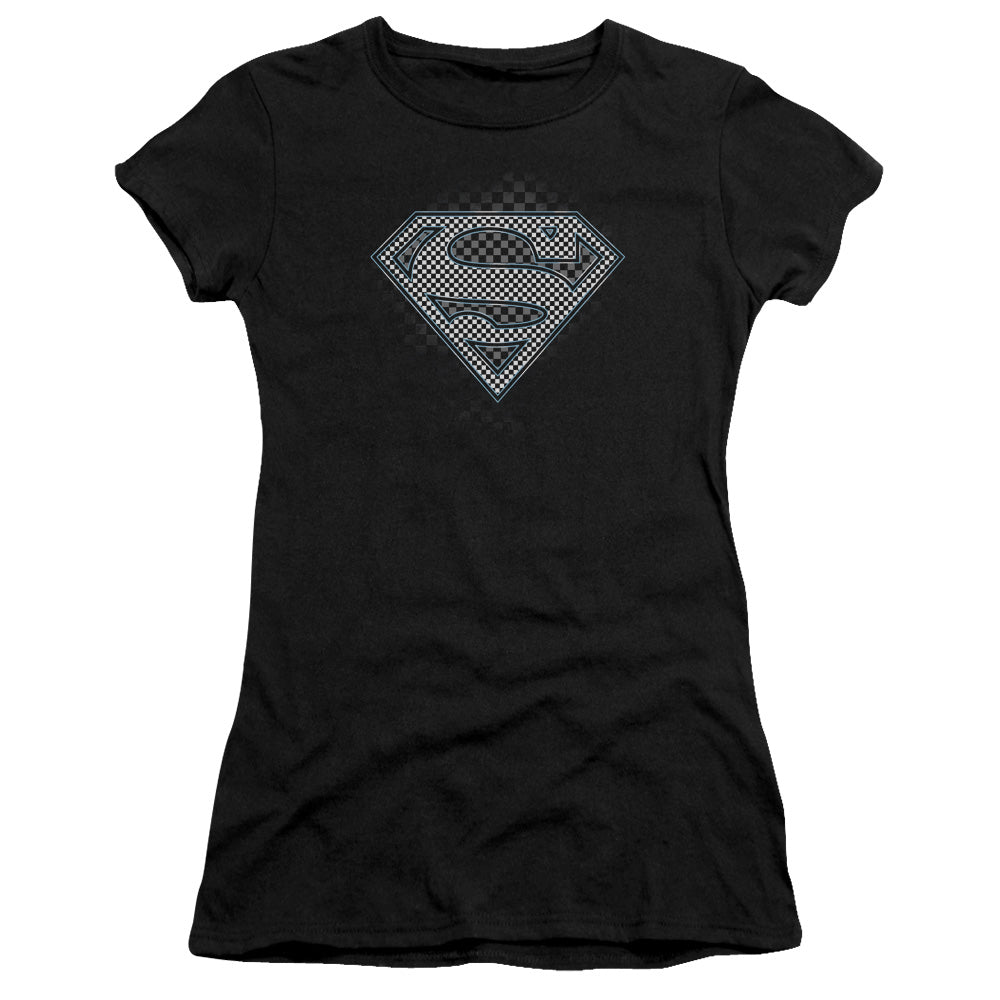 Superman - Checkerboard - Short Sleeve Junior Sheer - Black T-shirt