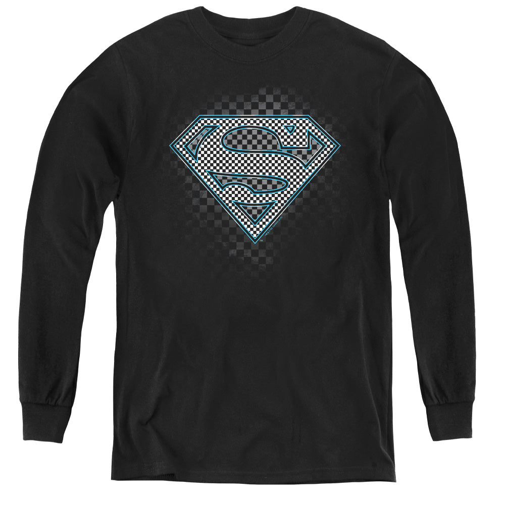 Superman - Checkerboard - Youth Long Sleeve Tee - Black