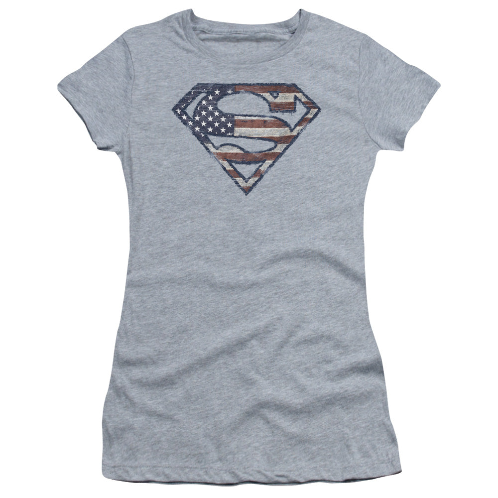 Superman - Wartorn Flag - Short Sleeve Junior Sheer - Athletic Heather T-shirt