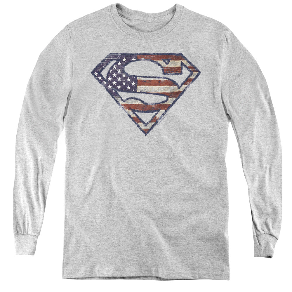 Superman - Wartorn Flag - Youth Long Sleeve Tee - Athletic Heather