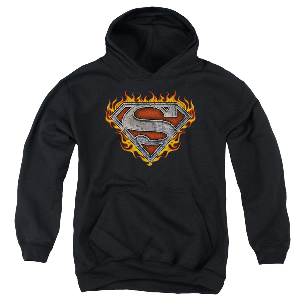 Superman Iron Fire Shield-youth Pull-over Hoodie - Black