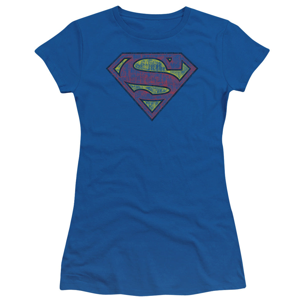 Superman - Tattered Shield - Short Sleeve Junior Sheer - Royal Blue T-shirt