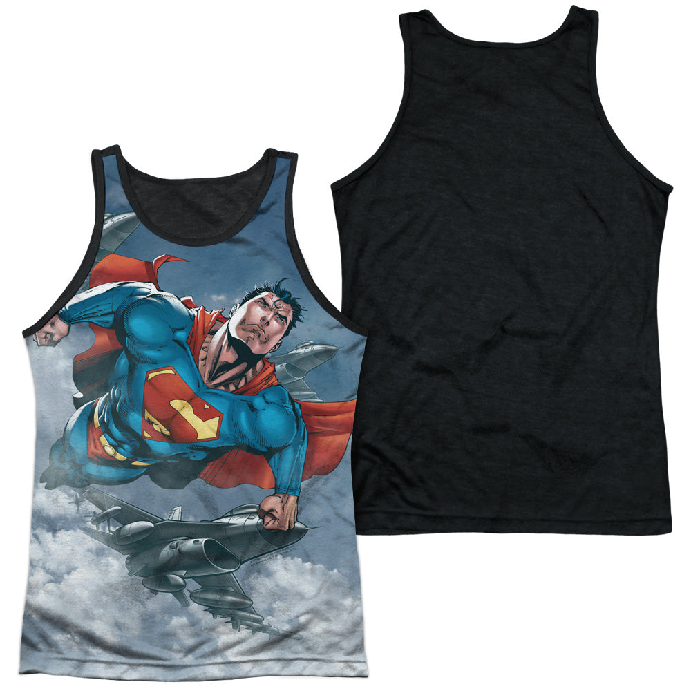 Superman - In The Sky - Adult Poly Tank Top Black Back - White