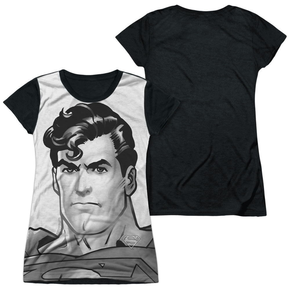 Superman - Bw Supes Head - Short Sleeve Junior Poly Black Back - White T-shirt