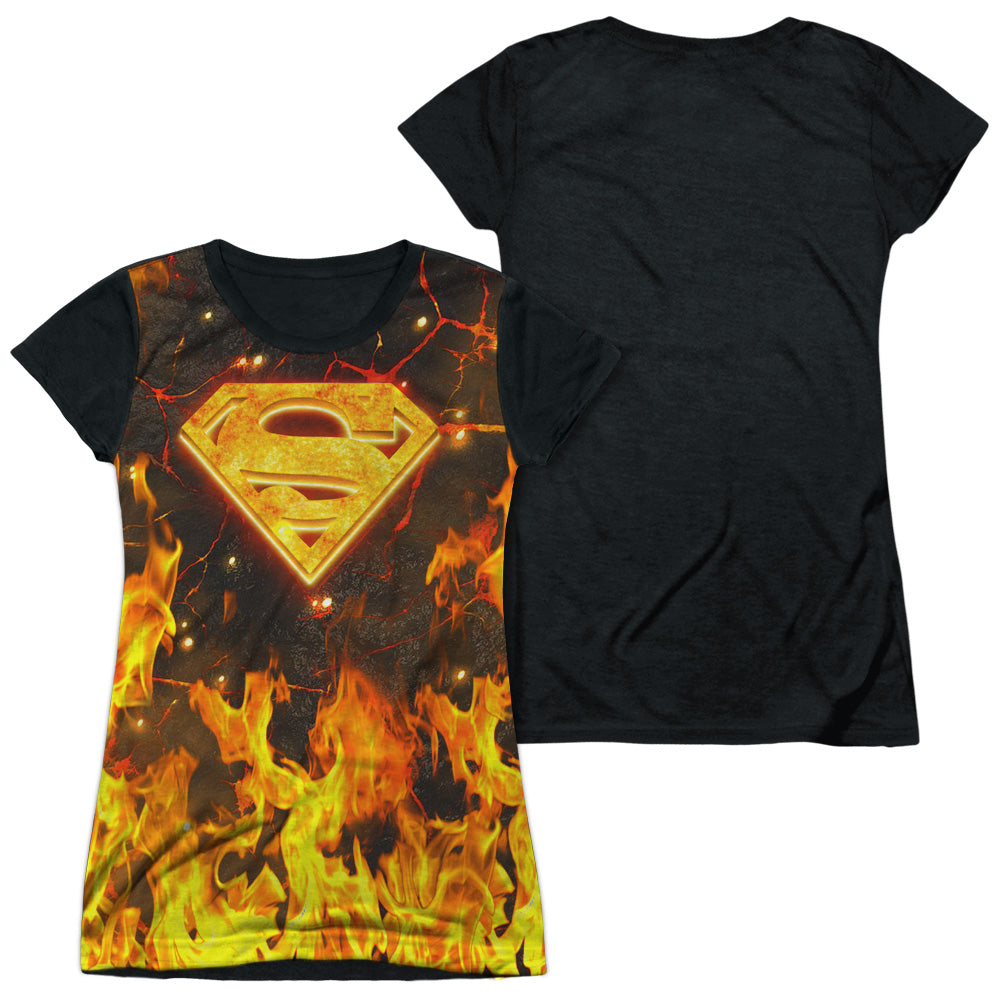 Superman - Fire Logo - Short Sleeve Junior Poly Black Back - White T-shirt