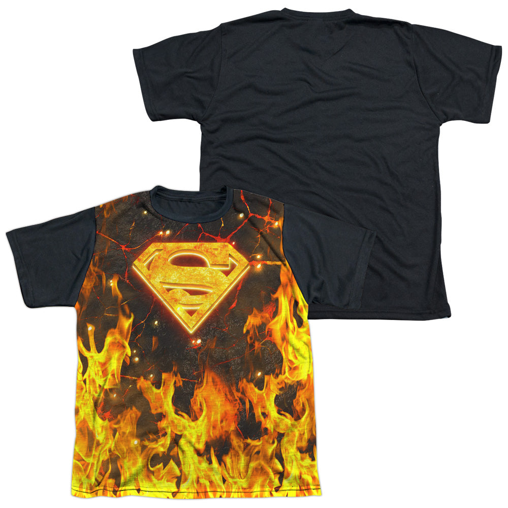 Superman - Fire Logo - Short Sleeve Youth White Front Black Back   - White T-shirt