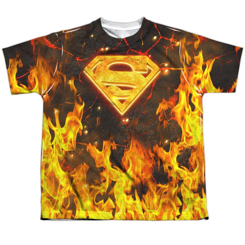 Superman - Fire Logo - Short Sleeve Youth Poly Crew - White T-shirt