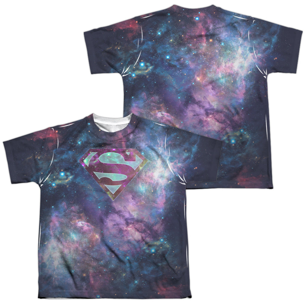 Superman - Spaced Out Logo (Front/back Print) - Short Sleeve Youth Poly Crew - White T-shirt