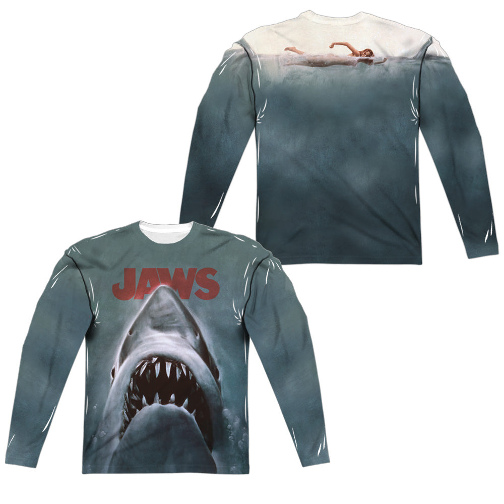 Jaws - Poster (Front/back Print) - Long Sleeve Adult Poly Crew  - White T-shirt