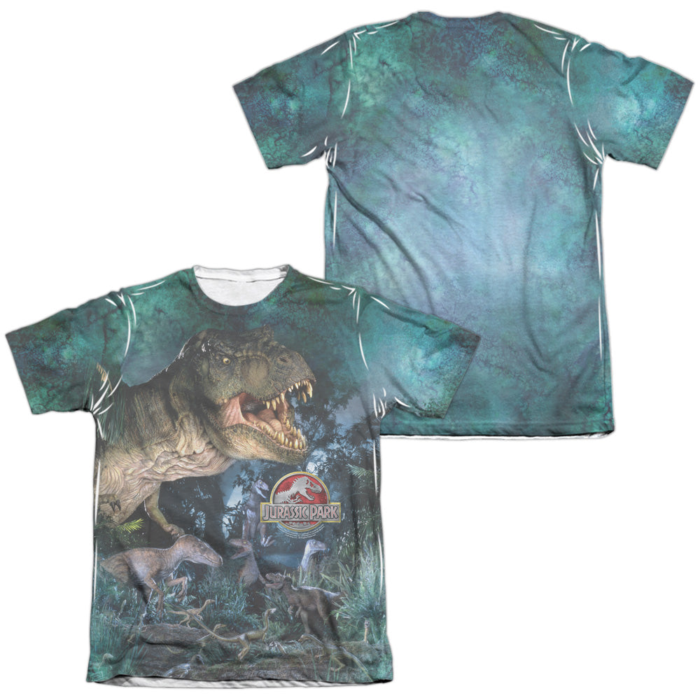 Jurassic Park - Dinos Gather (Front/back Print) - Adult 65/35 Poly/cotton Short Sleeve Tee - White T-shirt