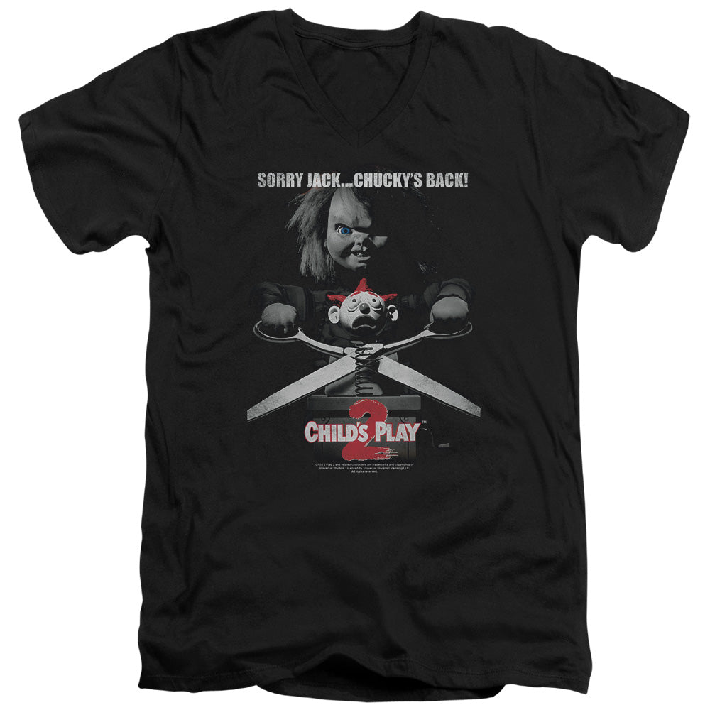 CHILDS PLAY 2 JACK POSTER - S/S ADULT V-NECK 30/1 - BLACK - SM - Black T-Shirt