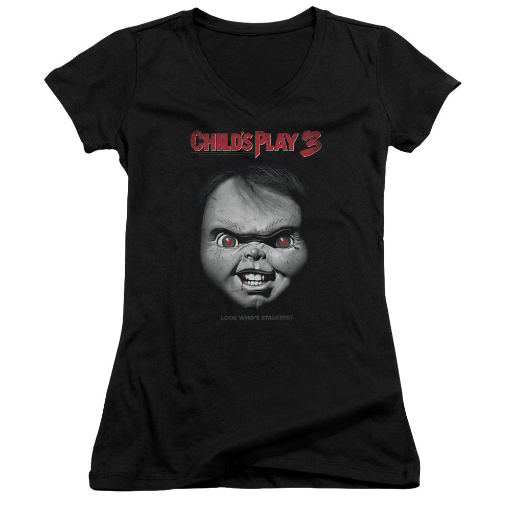 Childs Play 3 - Face Poster - Junior V-neck - Black - Sm - Black