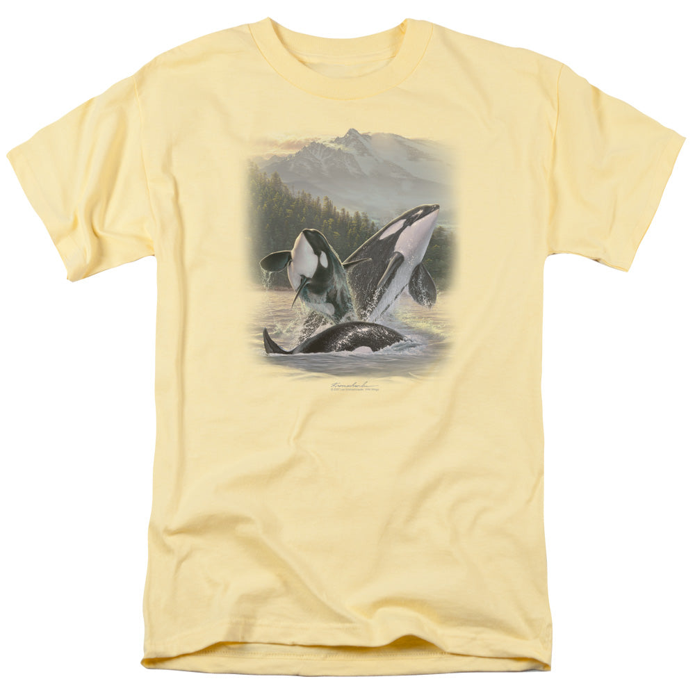 Wildlife - Breaching Orcas - Short Sleeve Adult 18/1 - Banana T-shirt