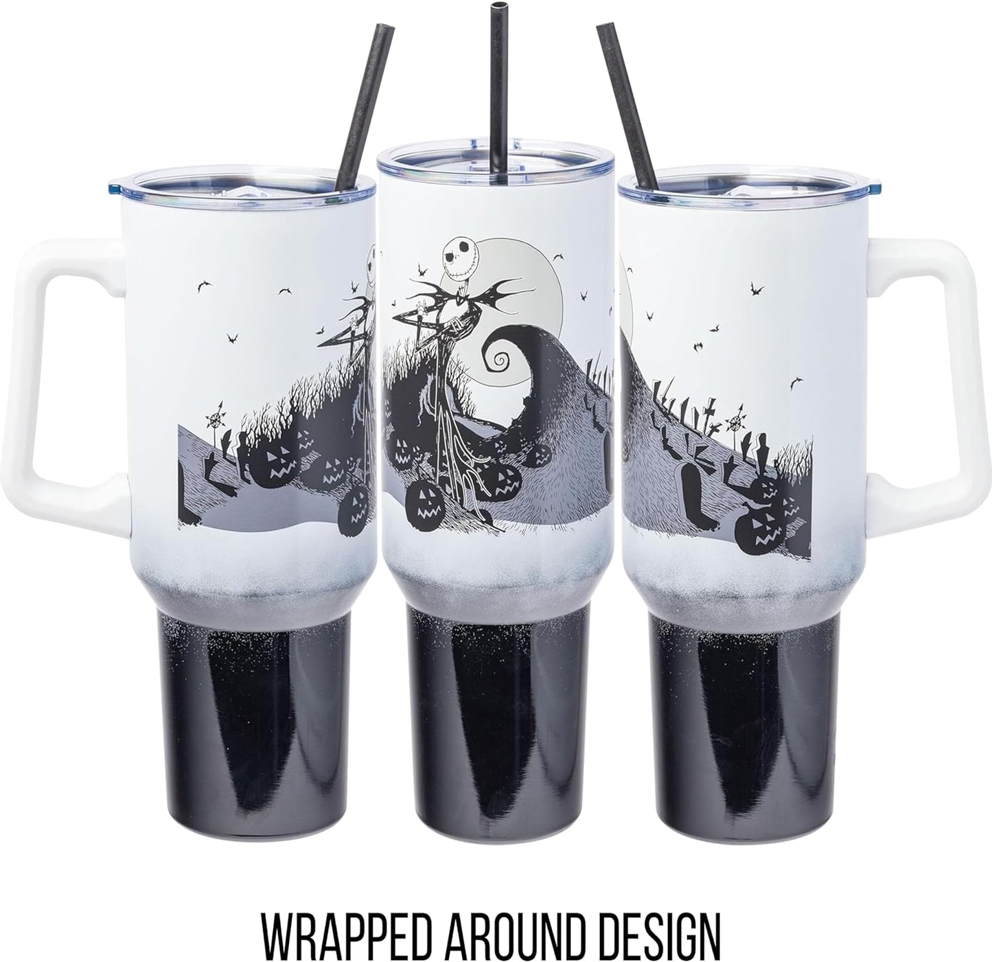 Disney Nightmare Before Christmas Jack Skellington Hill and Moon Stainless Steel Tumbler with Handle and Straw